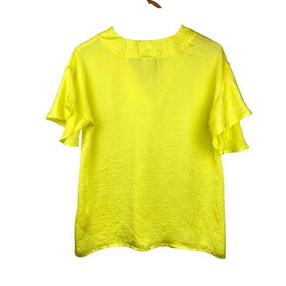 Ivy Jane Bright Neon Yellow Satin V-neck Flutter Short Sleeve Blouse - Picture 5 of 13